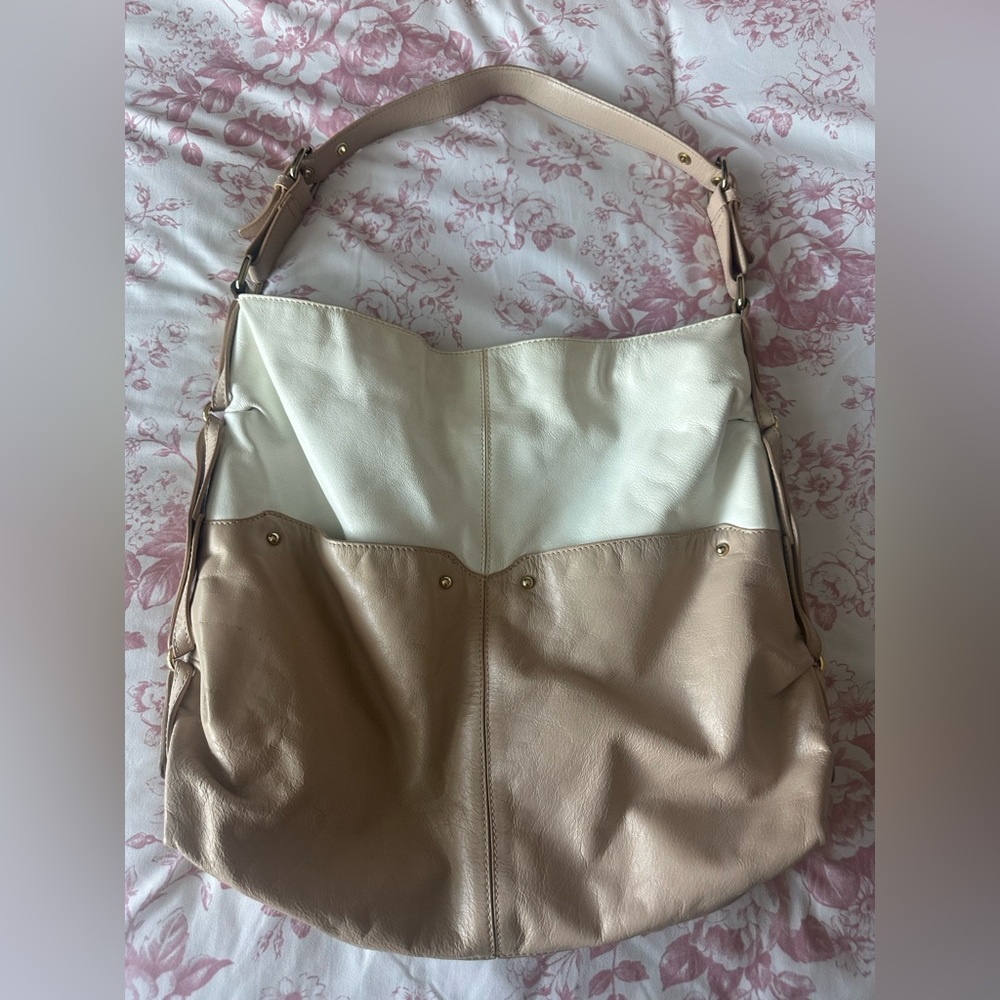 BADGLEY MISCHKA Leather Satchel Bag Purse Cream Beige Tan Gold Hardware
